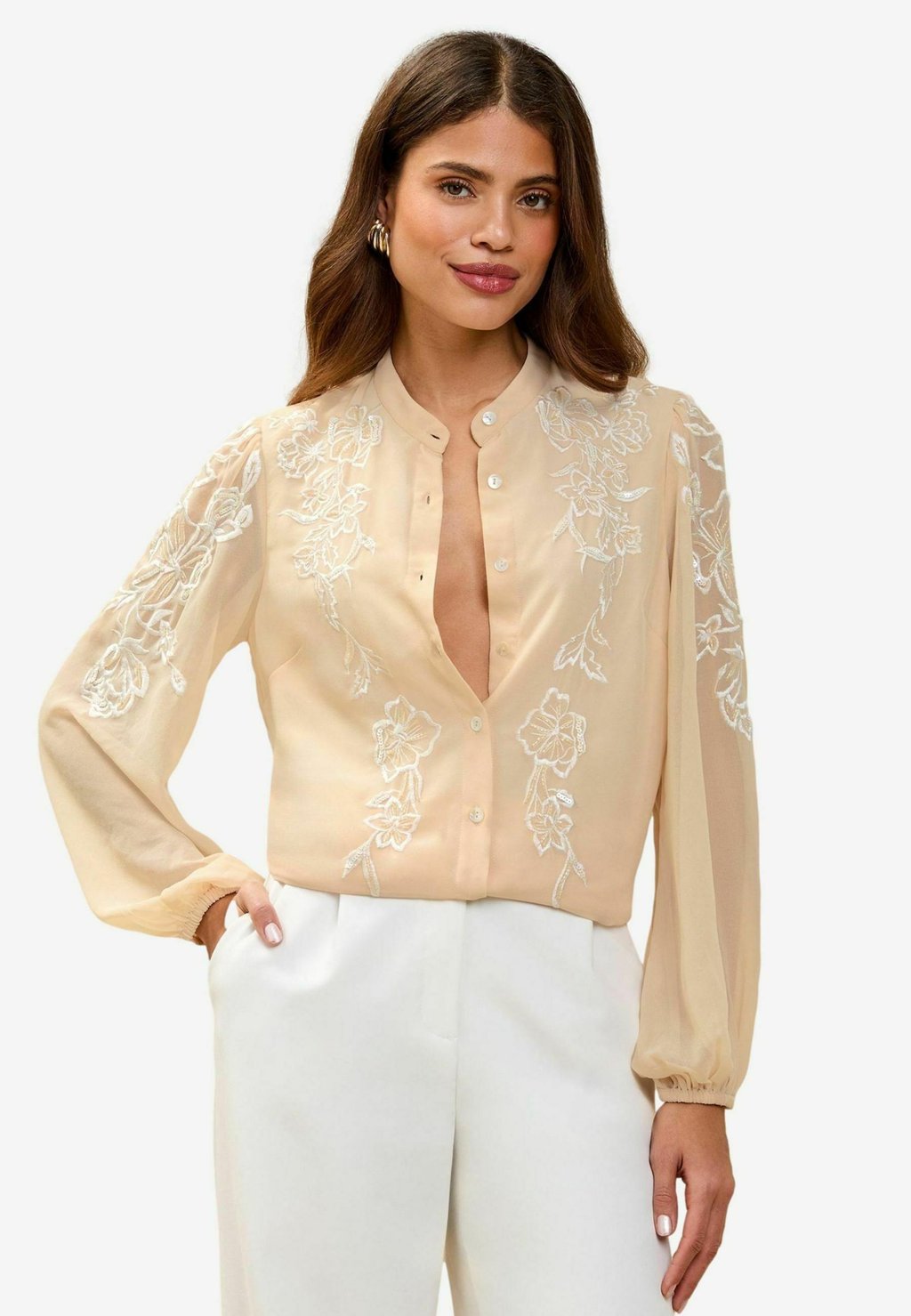 

Блузка на пуговицах REGULAR FIT-LONG SLEEVE GRANDAD COLLAR Lipsy, бежевый