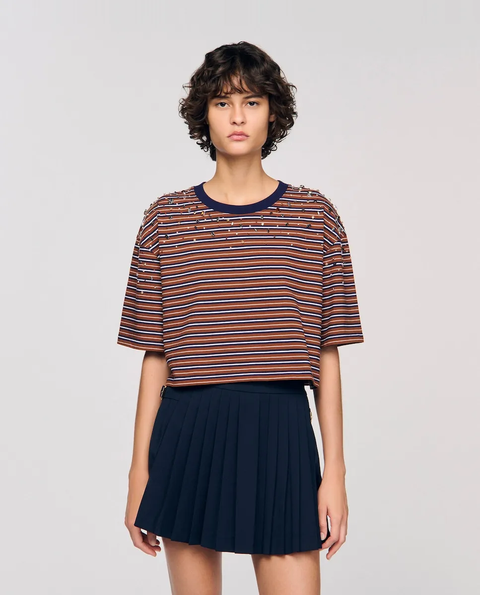 

Женская футболка в полоску со стразами Sandro, коричневый