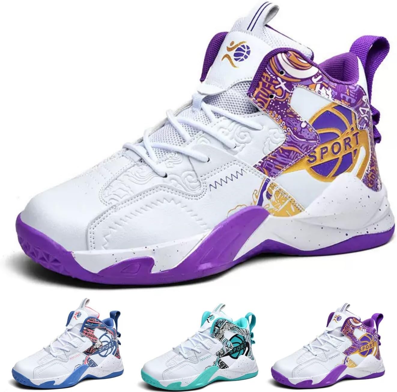 

Мужские и женские баскетбольные кроссовки, противоскользящие, высокие, спортивные, ретро, уличная мода, беговые, спортивные обувь Macefil, белый/фиолетовый