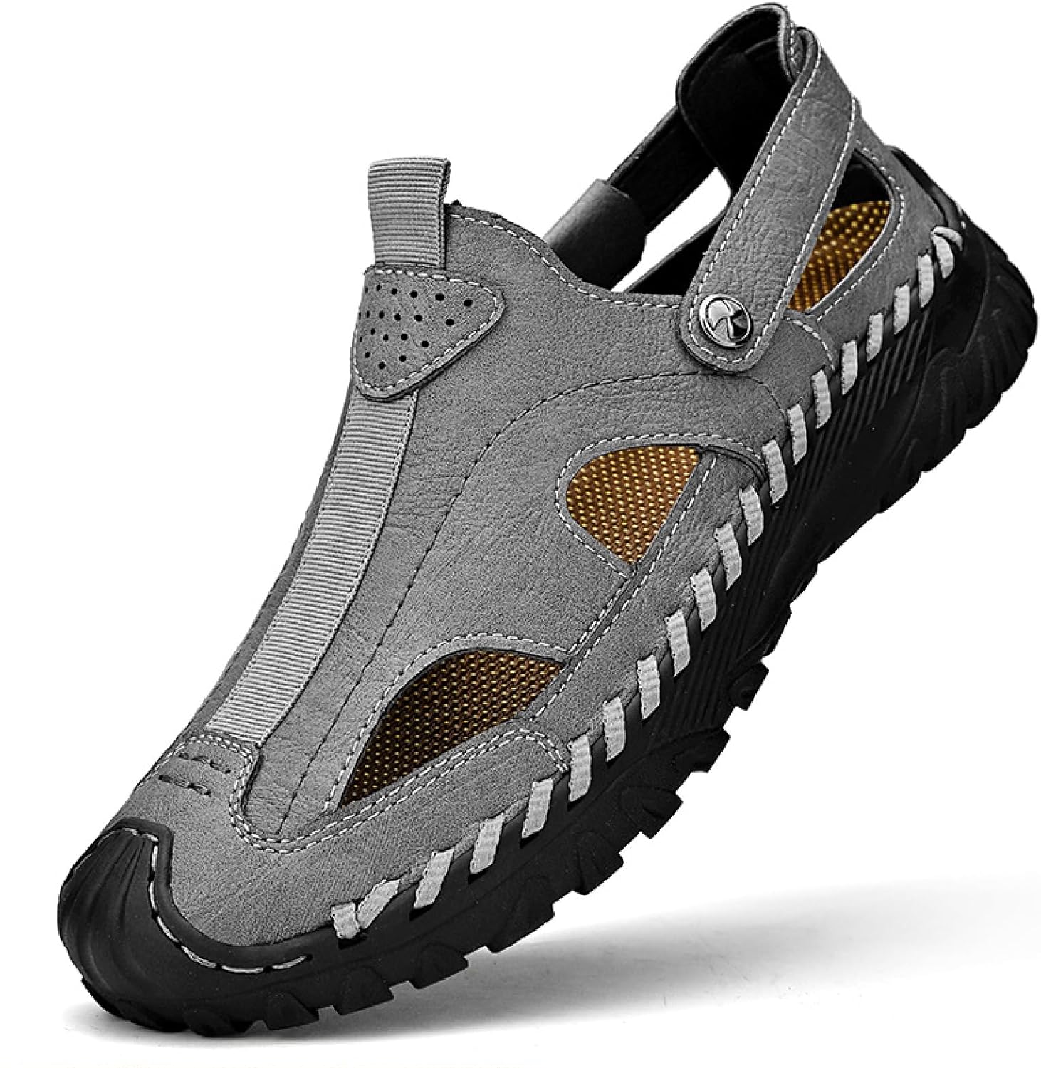 

Мужские спортивные сандалии из натуральной кожи с вырезами, закрытым носком, на мягкой подошве, противоскользящие, повседневные, для хождения по воде, римские сандалии для прогулок на открытом воздухе Bhdjk, серый