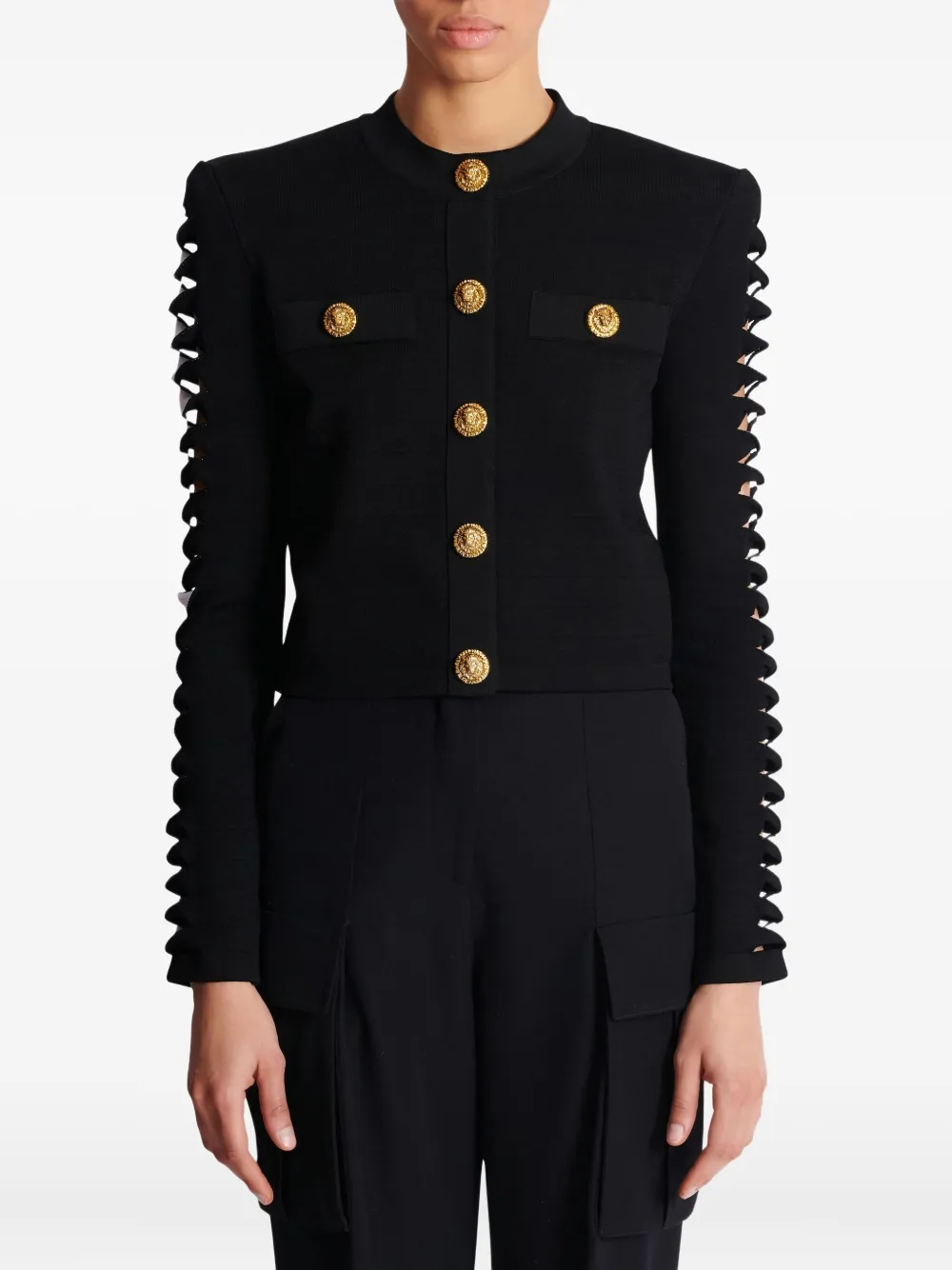 Кардиган с вырезами на рукавах BALMAIN, черный — фото 2