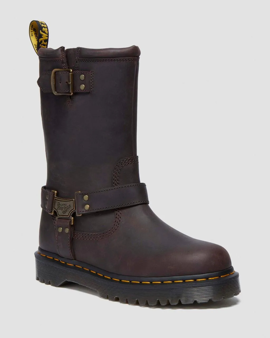 

Кожаные байкерские ботинки Dr. Martens Anistone Hi, цвет Dark Brown — Burnished Waxy Pull Up Wp