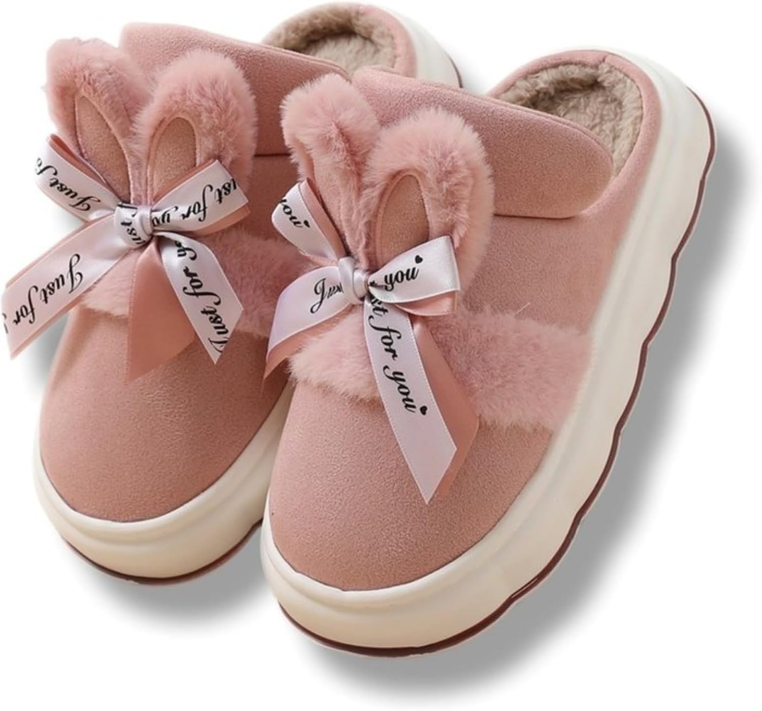 

Забавные тапочки с бантиком для женщин и мужчин, розовые, мягкие, пушистые, плюшевые, для спальни, зимние, с нескользящей подошвой, теплые, для дома и улицы Elirar