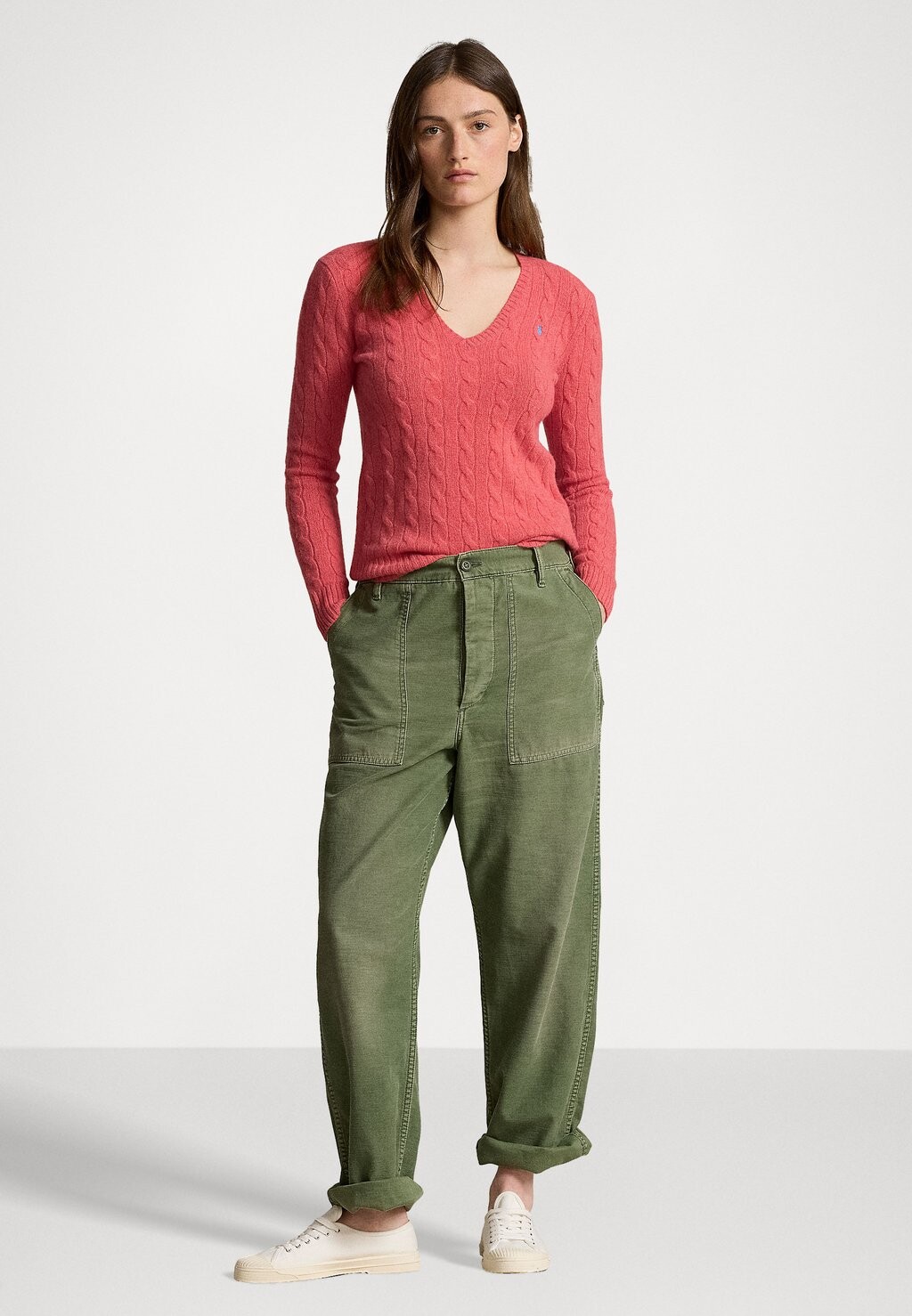 

Вязаный свитер CABLE KNIT WOOL CASHMERE V-NECK SWEATER Ralph Lauren, абрикос