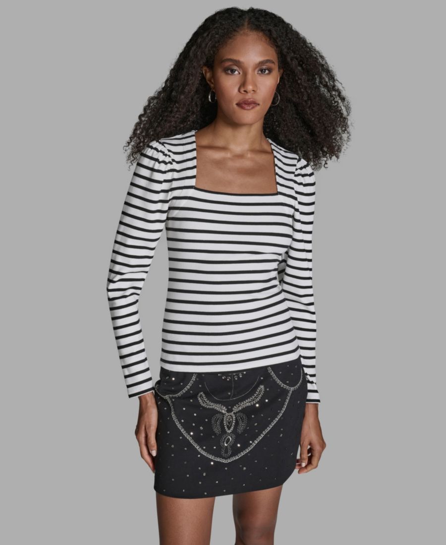 

Женская полосатая блузка с квадратным вырезом и длинными рукавами BCBG, White/black Stripe