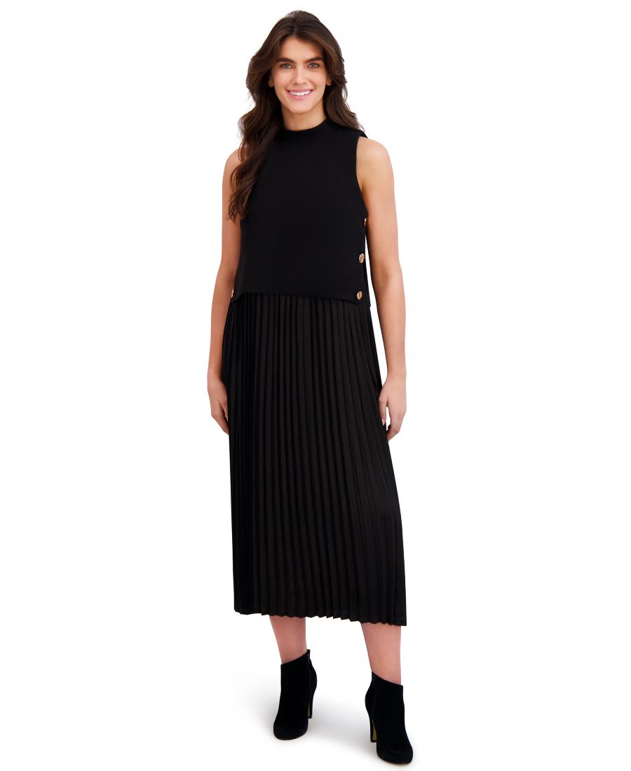 

Укороченное плиссированное вязаное платье миди с воротником-стойкой London Times, Black