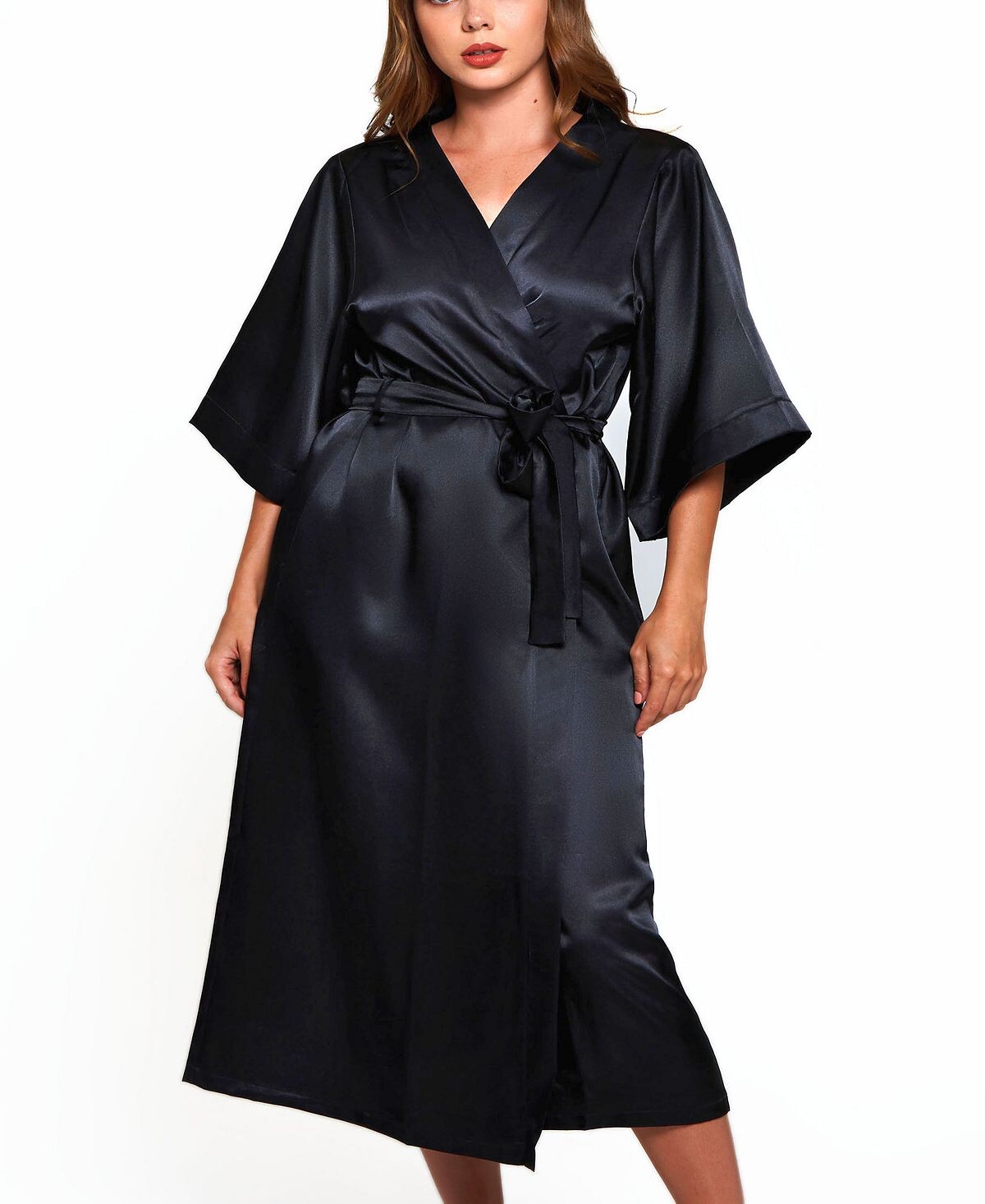 

Длинный атласный халат Victoria Plus Size с рукавами 3/4 iCollection, черный