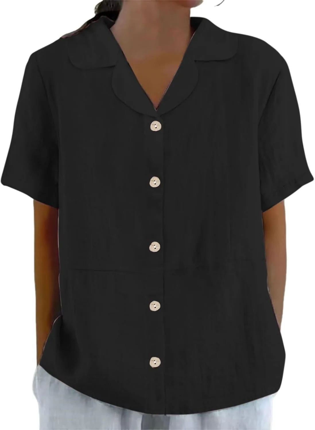 

Льняная рубашка для женщин Button Down Lapel, короткий рукав, однотонная Floleo