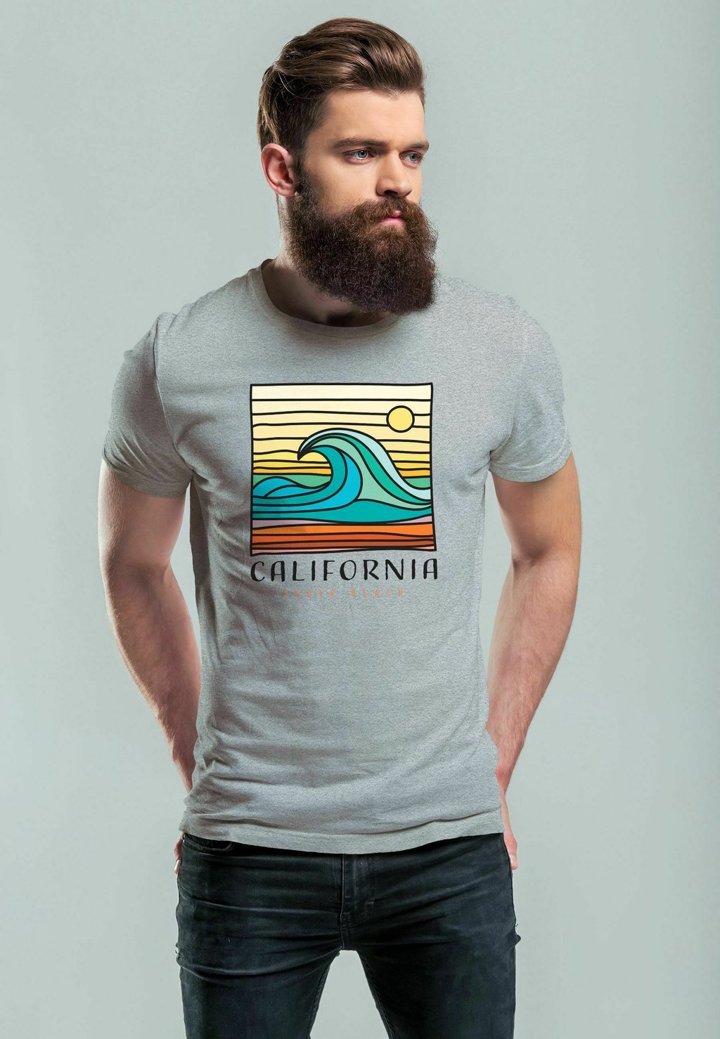 

Футболка с принтом CALIFORNIA SOUTH BEACH WELLE WAVE SURFING PRINT A Neverless, серый