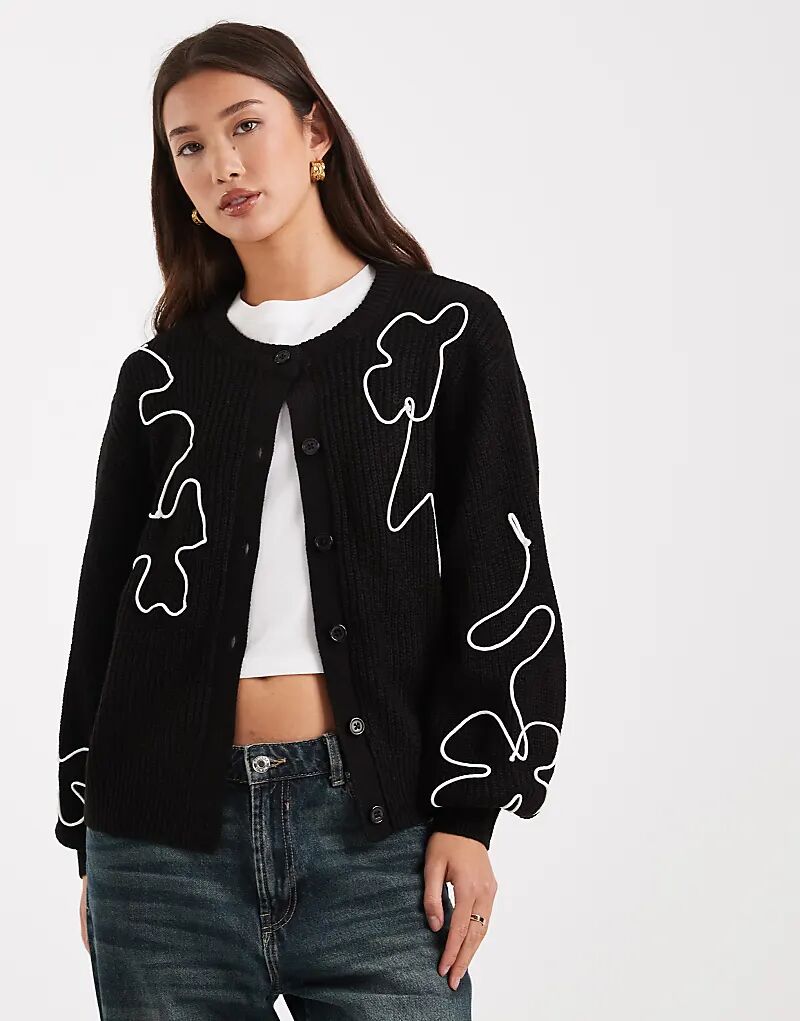 

Вязаный кардиган Brave Soul с круглым вырезом и контрастной вышивкой черного цвета