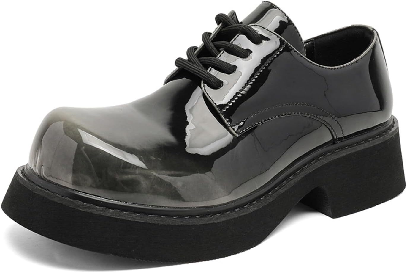 

Мужские дерби из лакированной кожи с градиентом, большой круглый носок, модная шнуровка, массивный каблук, платформа, увеличивающая рост, туфли оксфорды для вечеринок, свадеб и повседневной носки Uzujbaa, серый