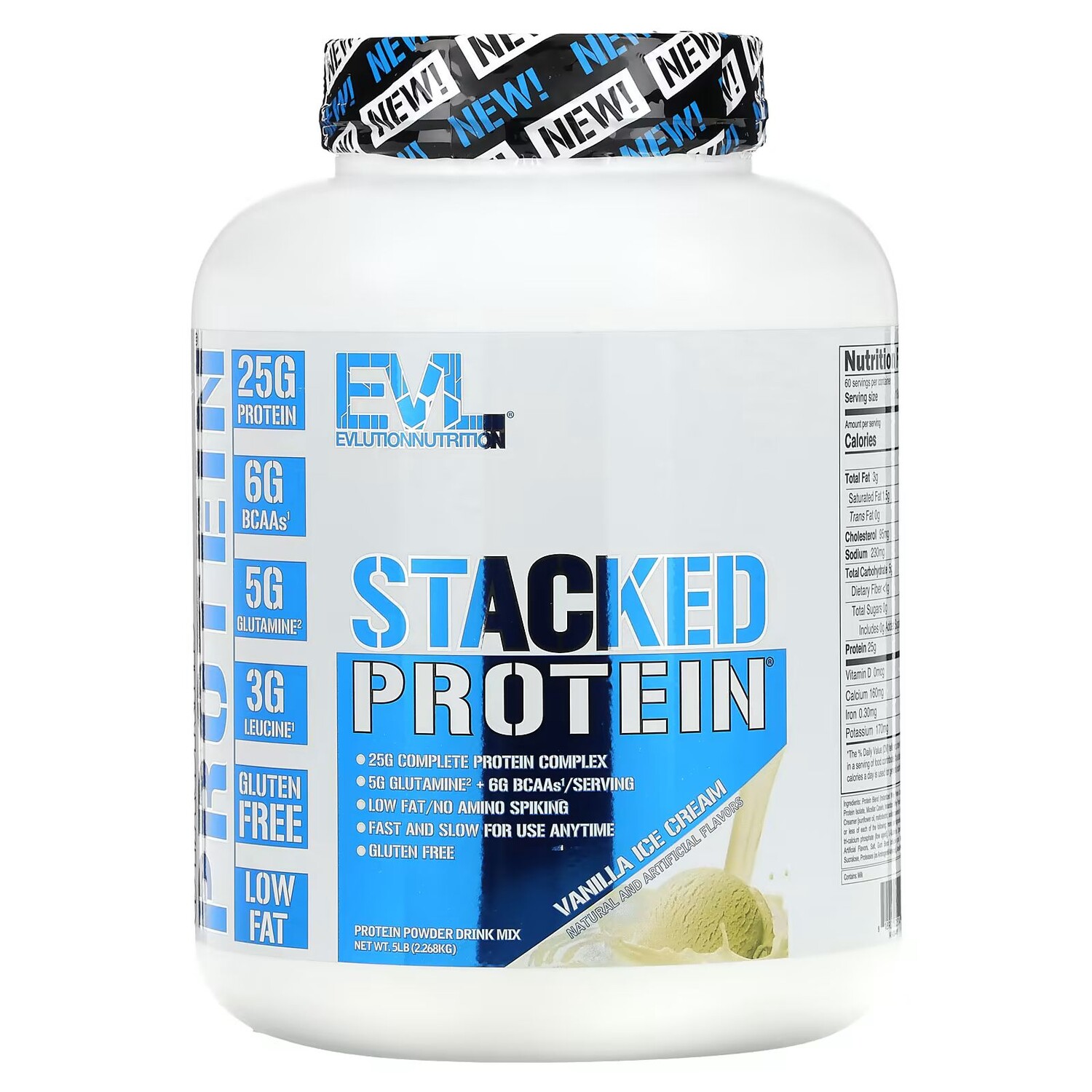 

Stacked Protein, ванильное мороженое, 5 фунтов (2268 кг) Evlution Nutrition