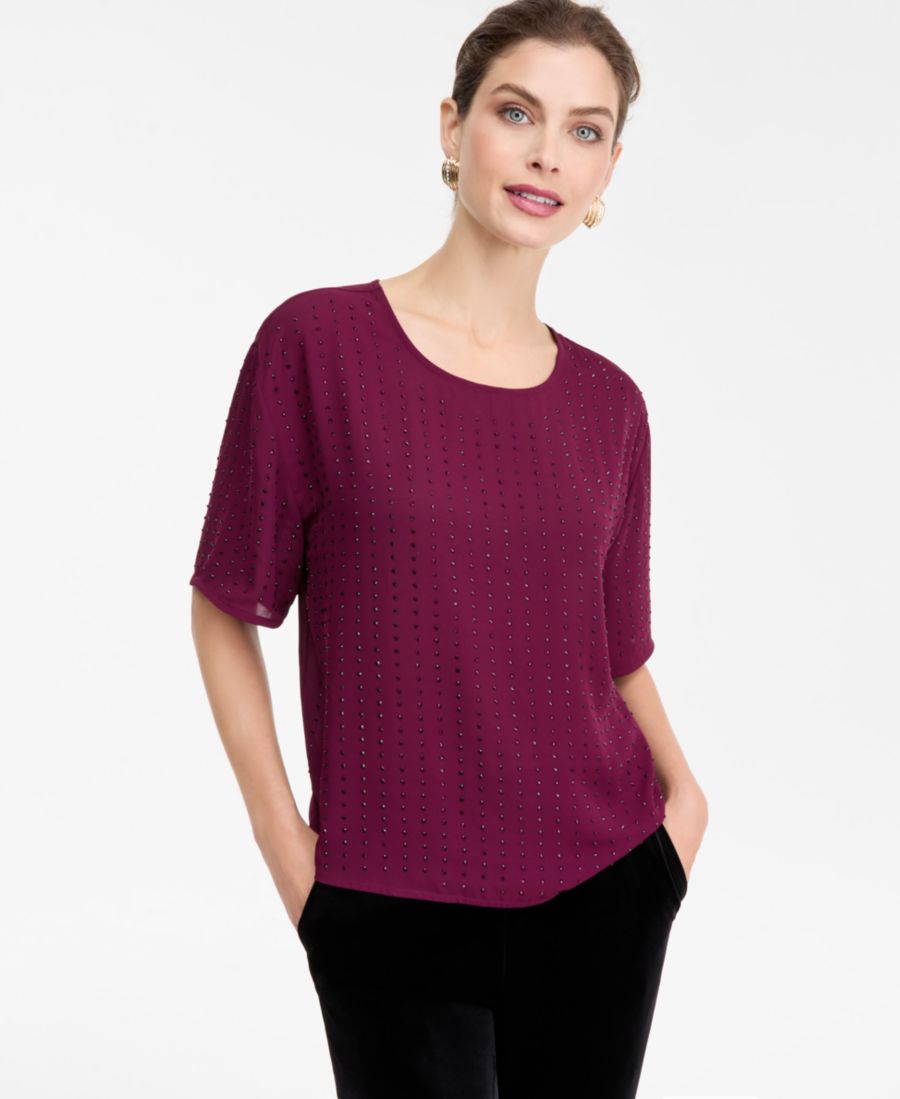 

Женская блузка с короткими рукавами и декором INC International Concepts, New Maroon