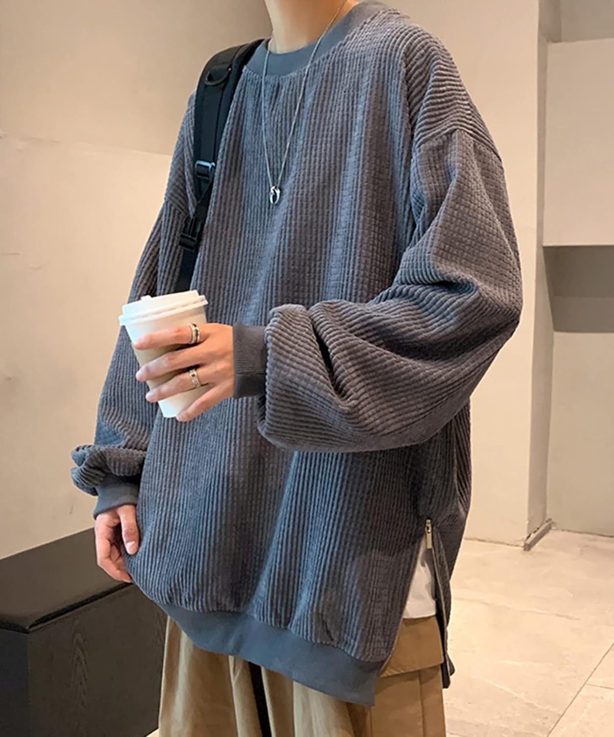 

Мужская толстовка Aimoha, с длинным рукавом, вафельная текстура, свободный крой, пуловер, боковая молния, размер L, темно-серый