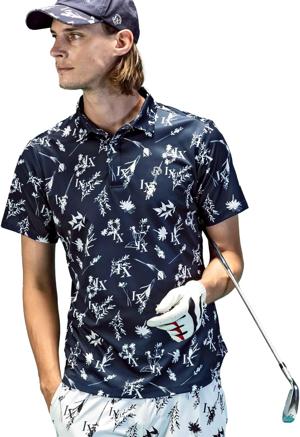 

Футболка-поло с коротким рукавом для гольфа, с растительным принтом, мужская Luxeakmplus, темно-синий