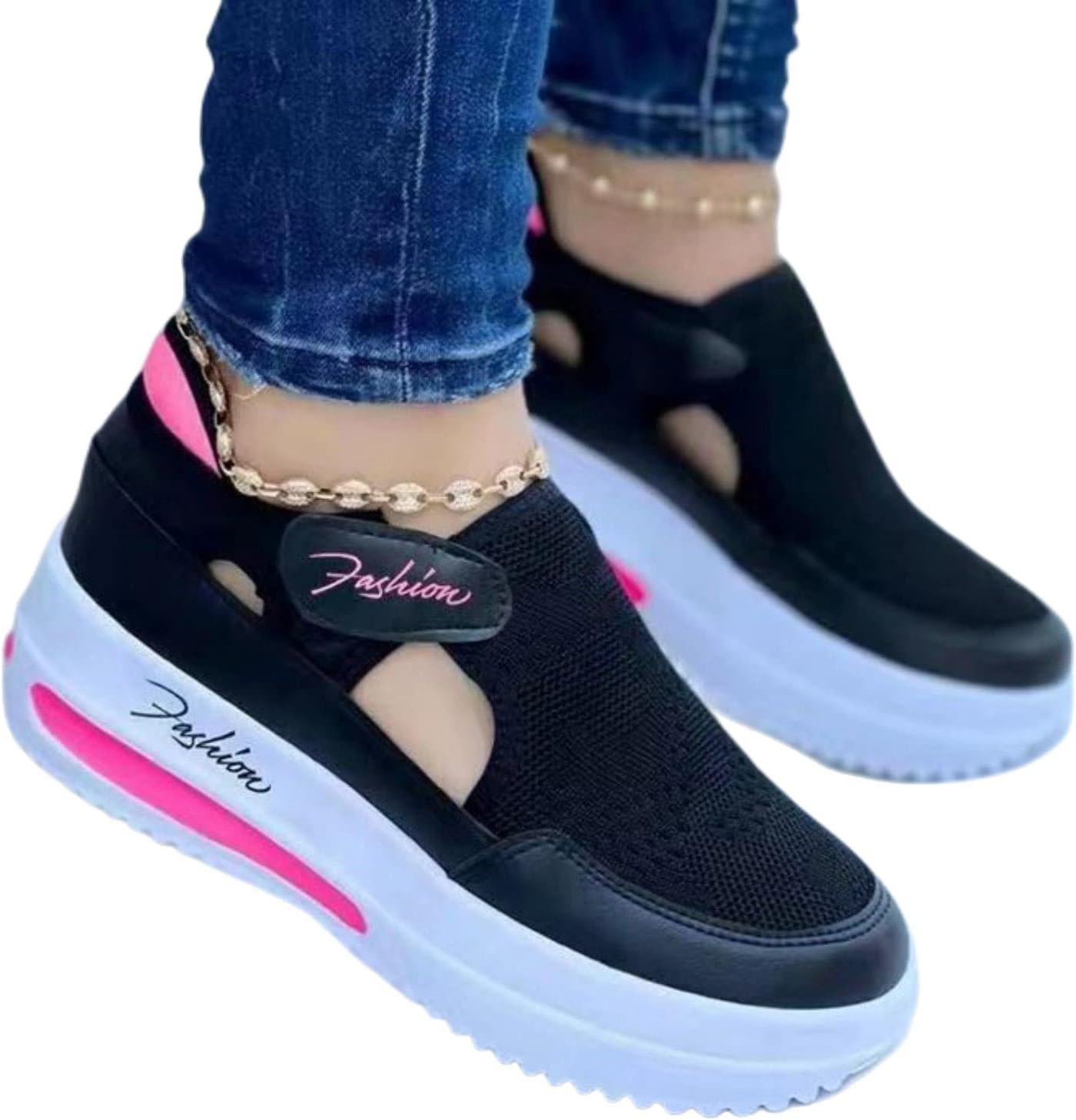 

Женские кроссовки для ходьбы из вязаной сетки, дышащие ортопедические туфли, слипоны на платформе, удобные лоферы с круглым носком, застежкой на пряжку и липучкой, туфли Wabkderpu, черный