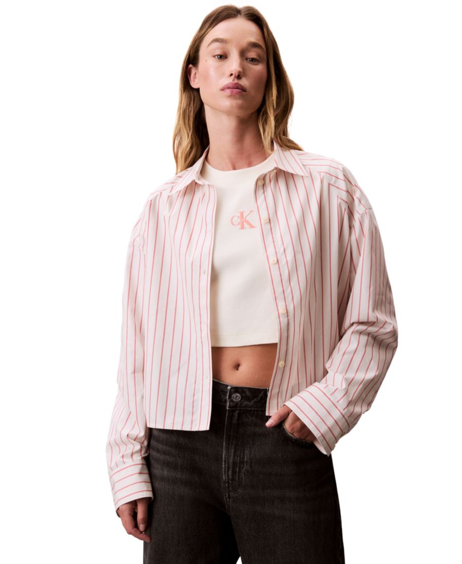 

Женская полосатая хлопковая укороченная рубашка свободного кроя Calvin Klein Jeans, CHALK