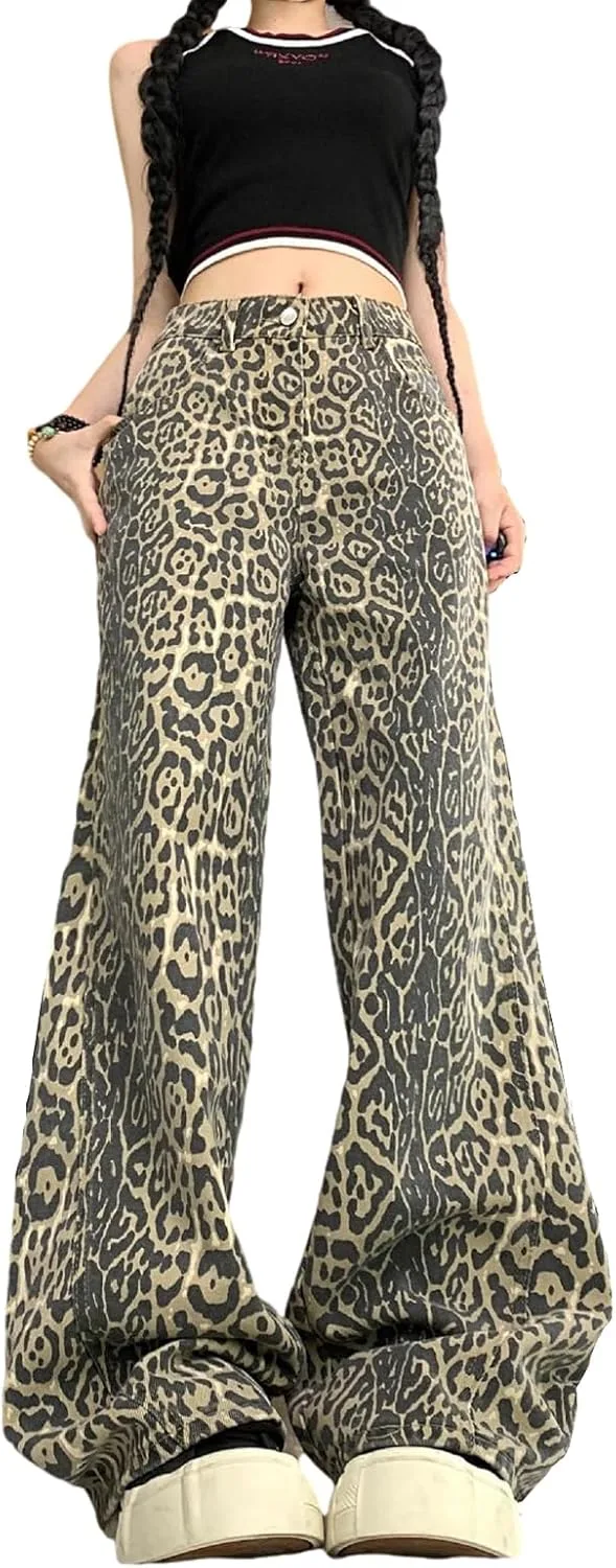 

Женские джинсы с леопардовым принтом Y2K, прямые, готические CBDAO