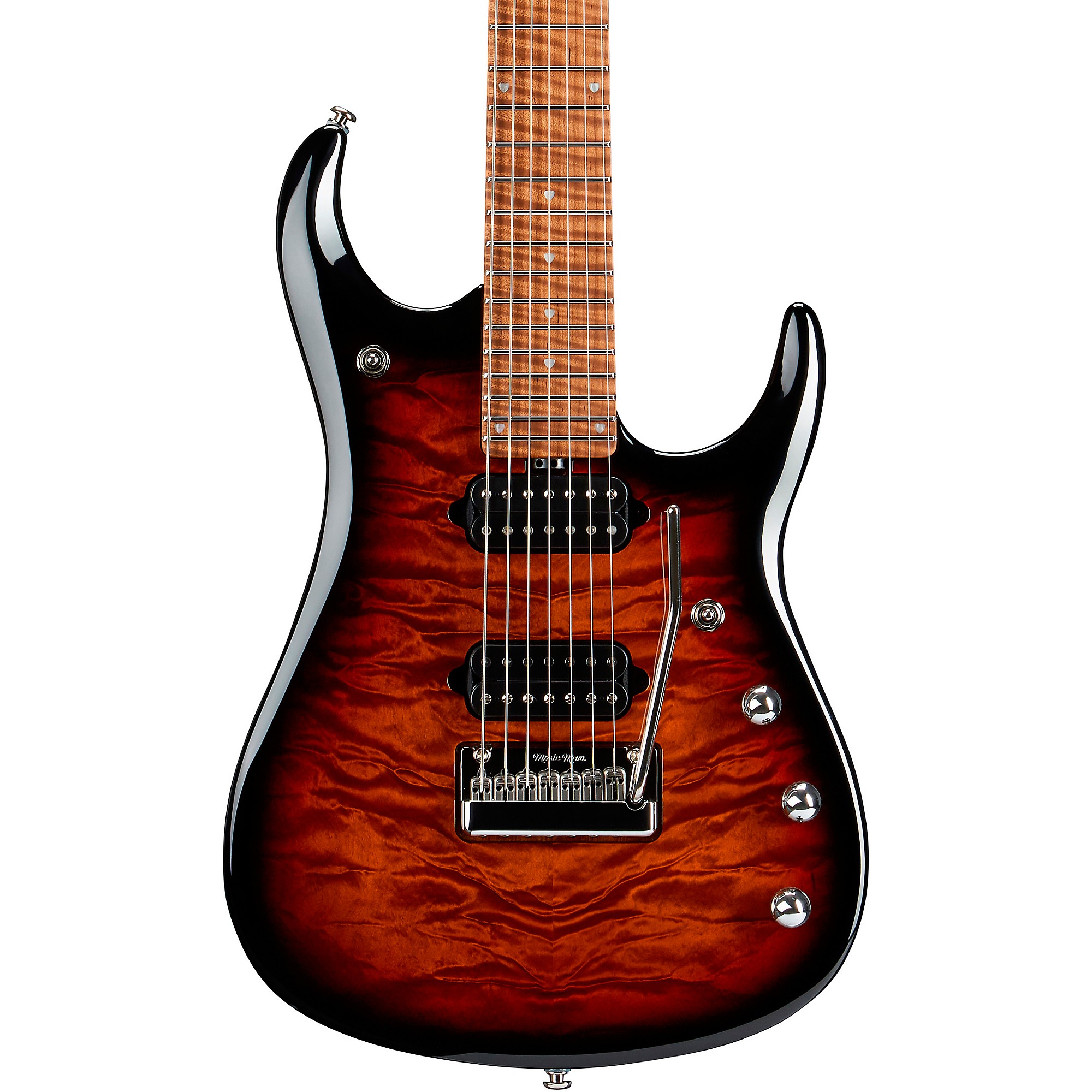 

Ernie Ball Music Man JP15 7 7-струнная электрогитара со стеганым кленовым верхом Tiger Eye