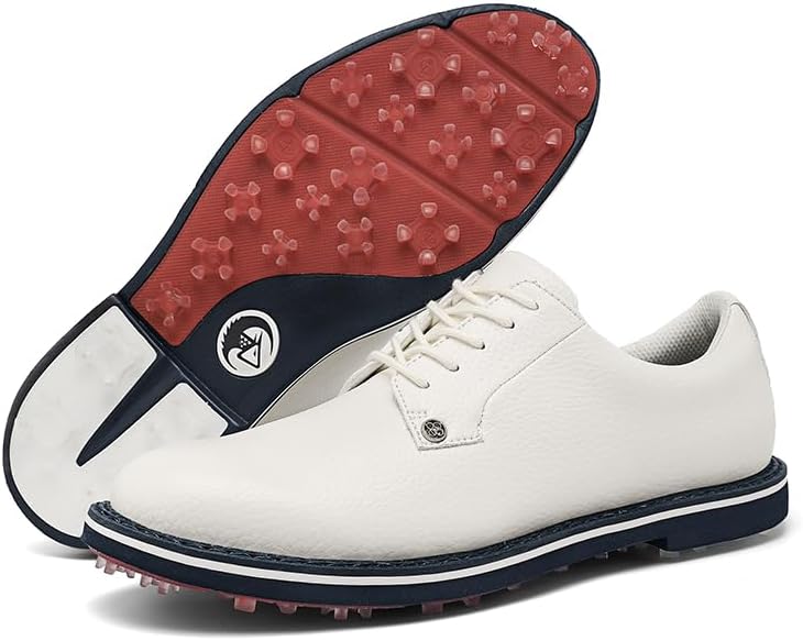 

Мужские гольф-туфли, традиционные с шипами, амортизирующие кроссовки на шнуровке с резиновой подошвой, идеально подходят для занятий на свежем воздухе и спортивных игр с мячом, спортивная обувь, Шнуровка, Резиновая подошва Mdsneccon, белый