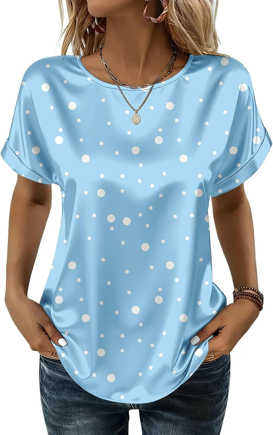 

Женская блузка из шелка с круглым вырезом и коротким рукавом