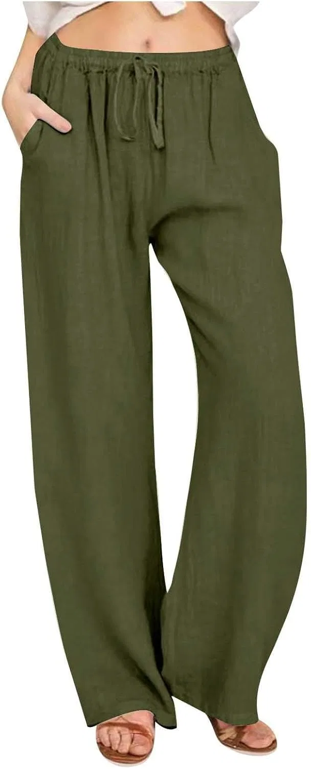 Широкие брюки Cotton Linen с завязкой на талии, Green