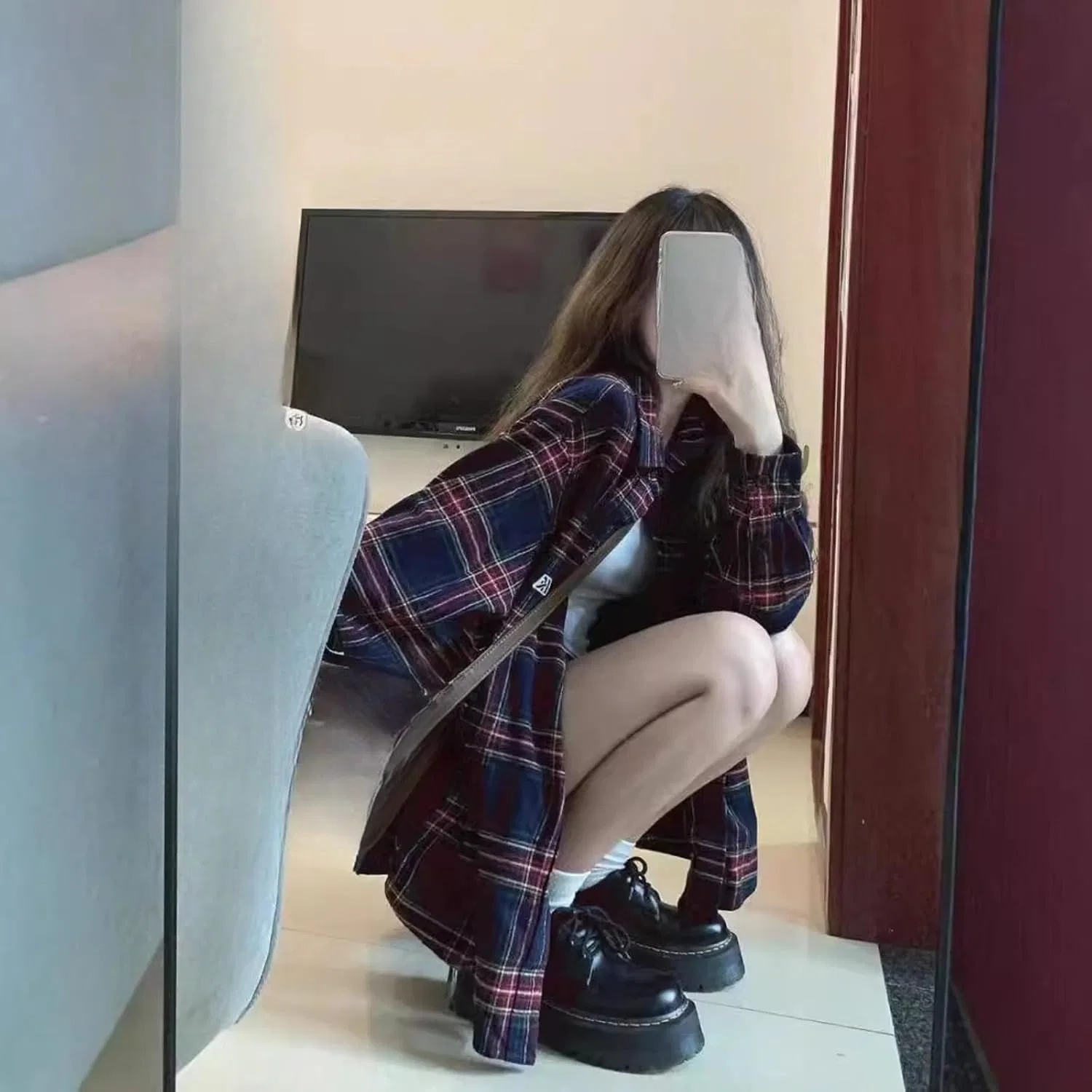 Блуза с пледовым принтом, длинная, Plaid Long Shirt, бордовый — фото 2