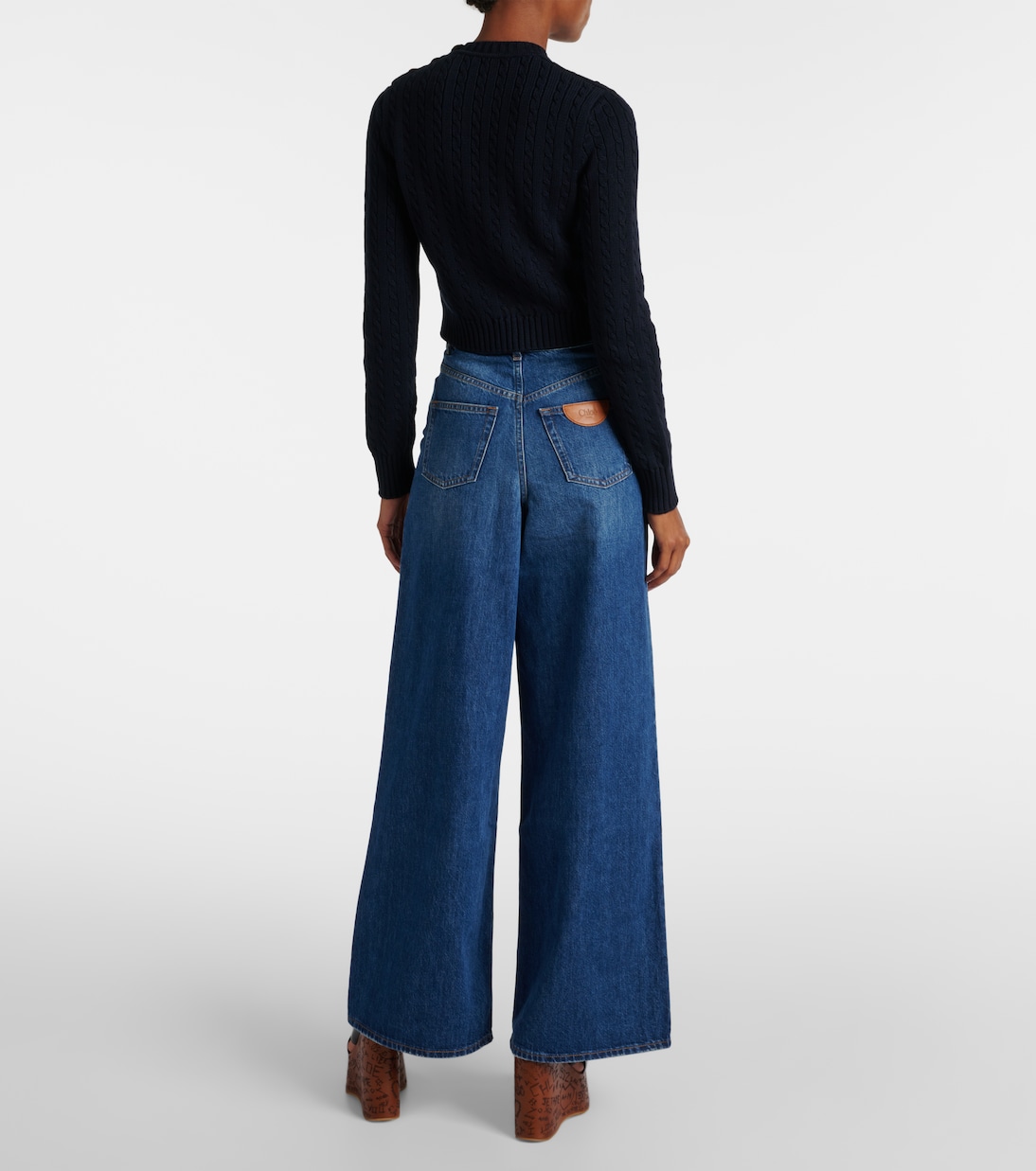 Укороченный хлопковый свитер с косичной вязкой Chloé, Classic Navy — фото 3