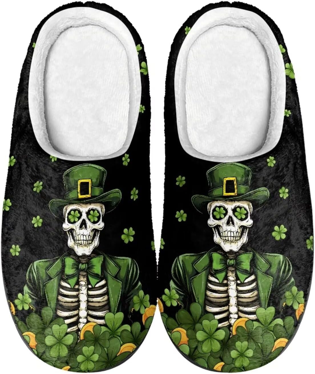 

Милые мультяшные фланелевые тапочки Howilath унисекс, теплые и дышащие хлопковые тапочки с противоскользящей подошвой, St. Patrick's Day Skulls