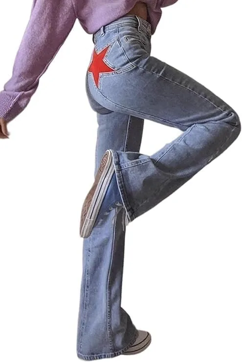 

Женские джинсы с высокой талией и расклешенным силуэтом, с пайетками и эффектом потертости, в синем цвете