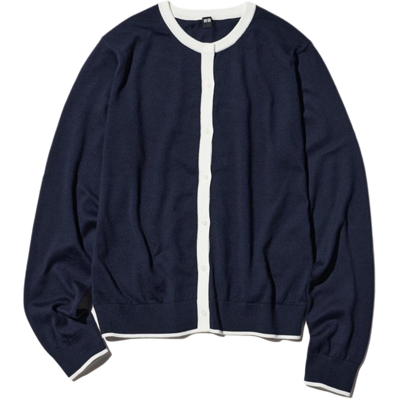 

UNIQLO Трикотажный свитер для женщин, Navy Blue, круглый вырез, умеренная посадка