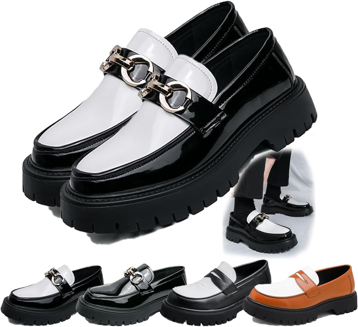 

Мужские лоферы на платформе из лаковой кожи, без шнурков, с металлическим декором, стильные деловые и повседневные туфли Generic, белый