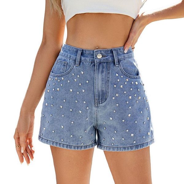 

Женские джинсовые шорты с высокой талией и стразами Yesfashion, Blue