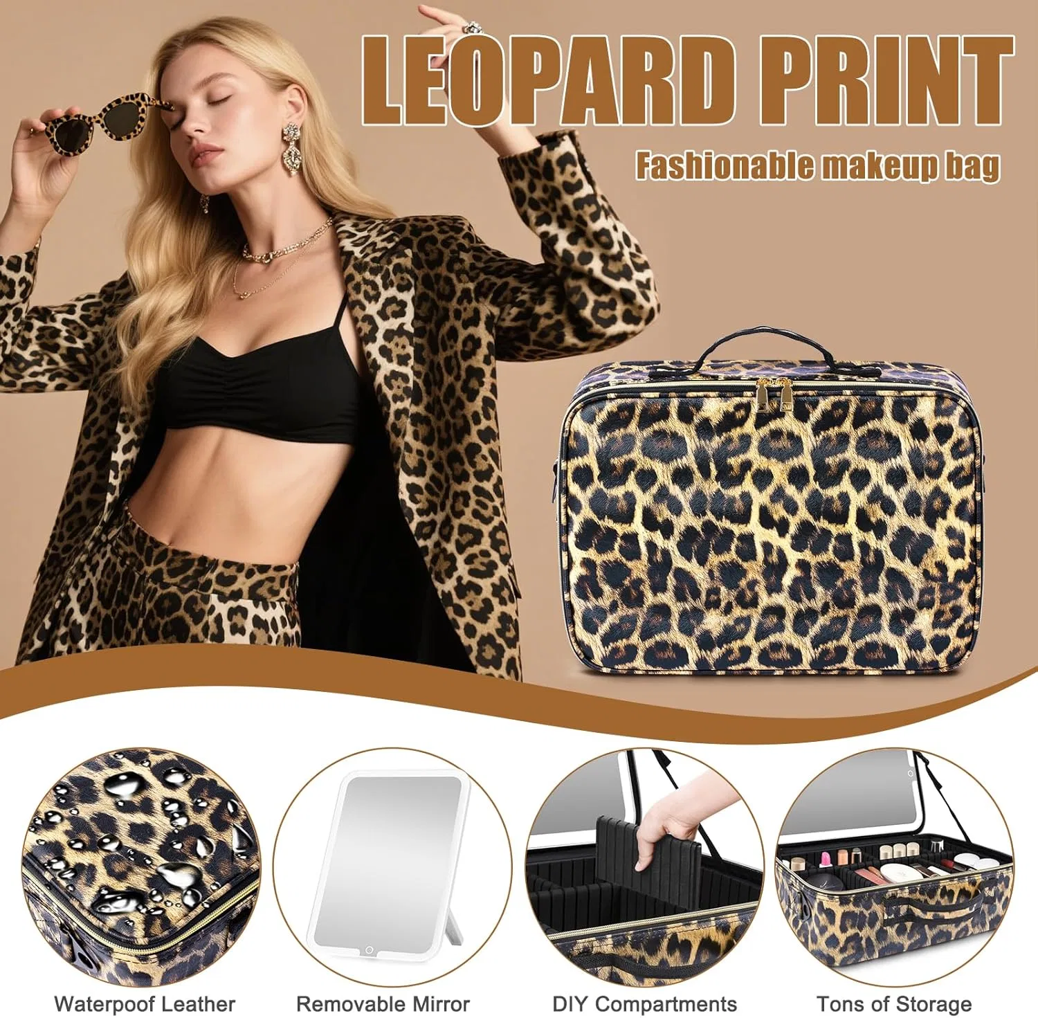 Большая дорожная косметичка с зеркалом и подсветкой Suupvaor, Leopard Removable Mirror — фото 2
