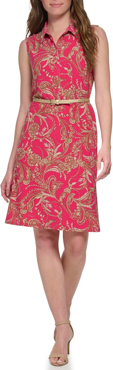 

Женское платье миди Tommy Hilfiger без рукавов с воротником на 1/2 пуговицы и поясом, Magnta Multi