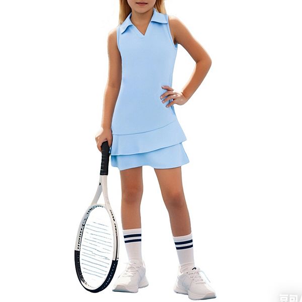 

Детское спортивное платье для тенниса с двойным рюшем и встроенными шортами, поло-воротник и карман Clearflower, Blue
