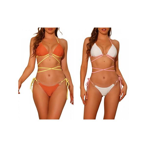 

2 комплекта женского бикини с кольцом-сердцем, контрастный цвет, пуш-ап, шнуровка, ребристая ткань Inspire Chic, Orange White