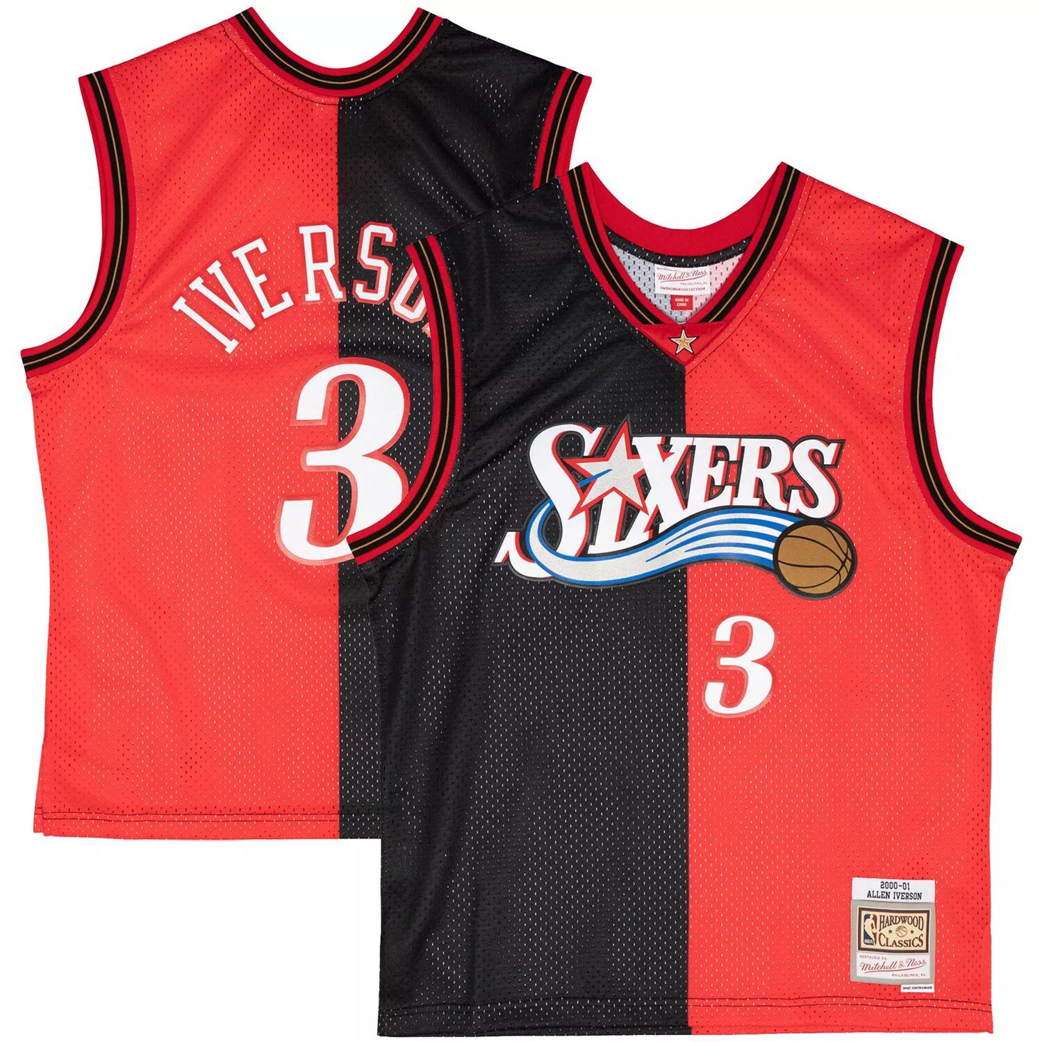 

Мужская майка Mitchell & Ness Allen Iverson черно-красная Philadelphia 76ers Hardwood Classics 2000-01 Split Swingman, Черный, Мужская майка Mitchell & Ness Allen Iverson черно-красная Philadelphia 76ers Hardwood Classics 2000-01 Split Swingman