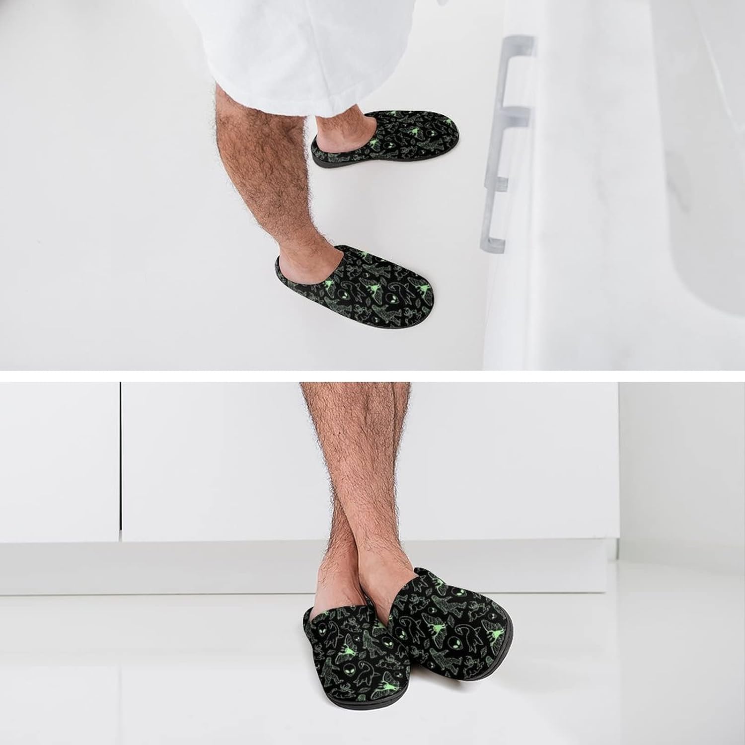 Мужские хлопковые тапочки BAIKUTOUAN Green Lines с узором криптида, теплые домашние зимние тапочки для дома, путешествий, SPA и отеля, 9-10（42-43） Style — фото 4