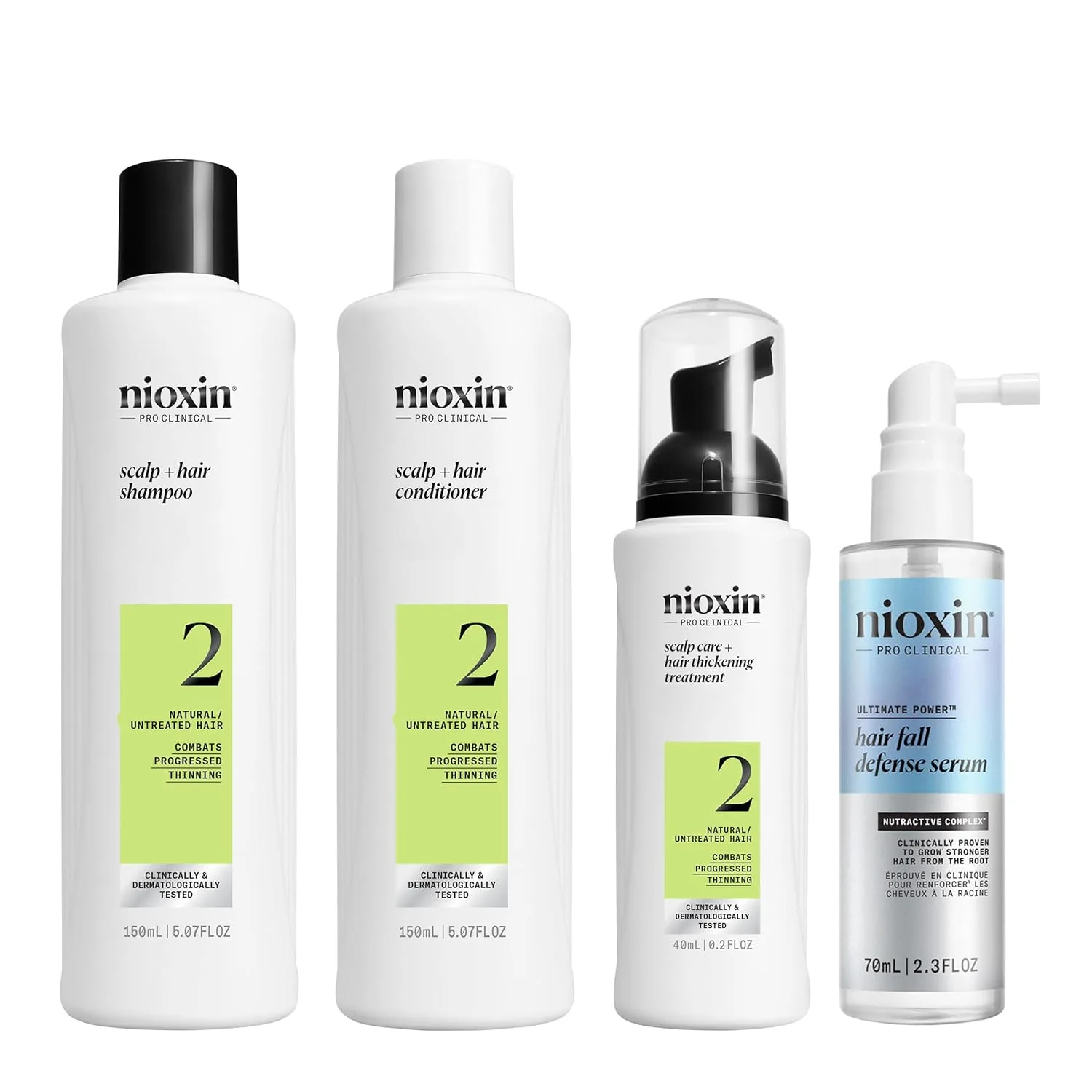 Nioxin Scalp + Hair Thickening System 2 Kit для натуральных волос с прогрессирующим истончением: очищение, кондиционирование и уход + Fall Defense Intensive Daily Leave-In Treatment
