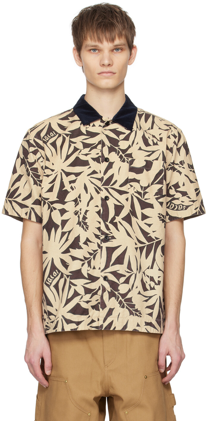 

Коричнево-бежевая рубашка с листьями Sacai, цвет Beige/Brown