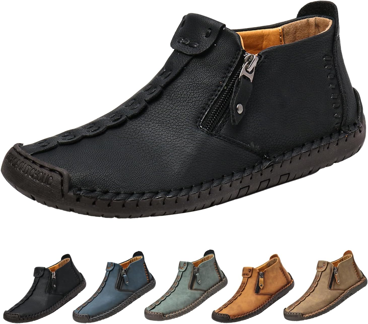 

Мужские полу-высокие ботинки Чакка, винтажный комфорт, ручная строчка, кожаные, водонепроницаемые, противоскользящие с молнией, для путешествий и походов Hneowgn, черный