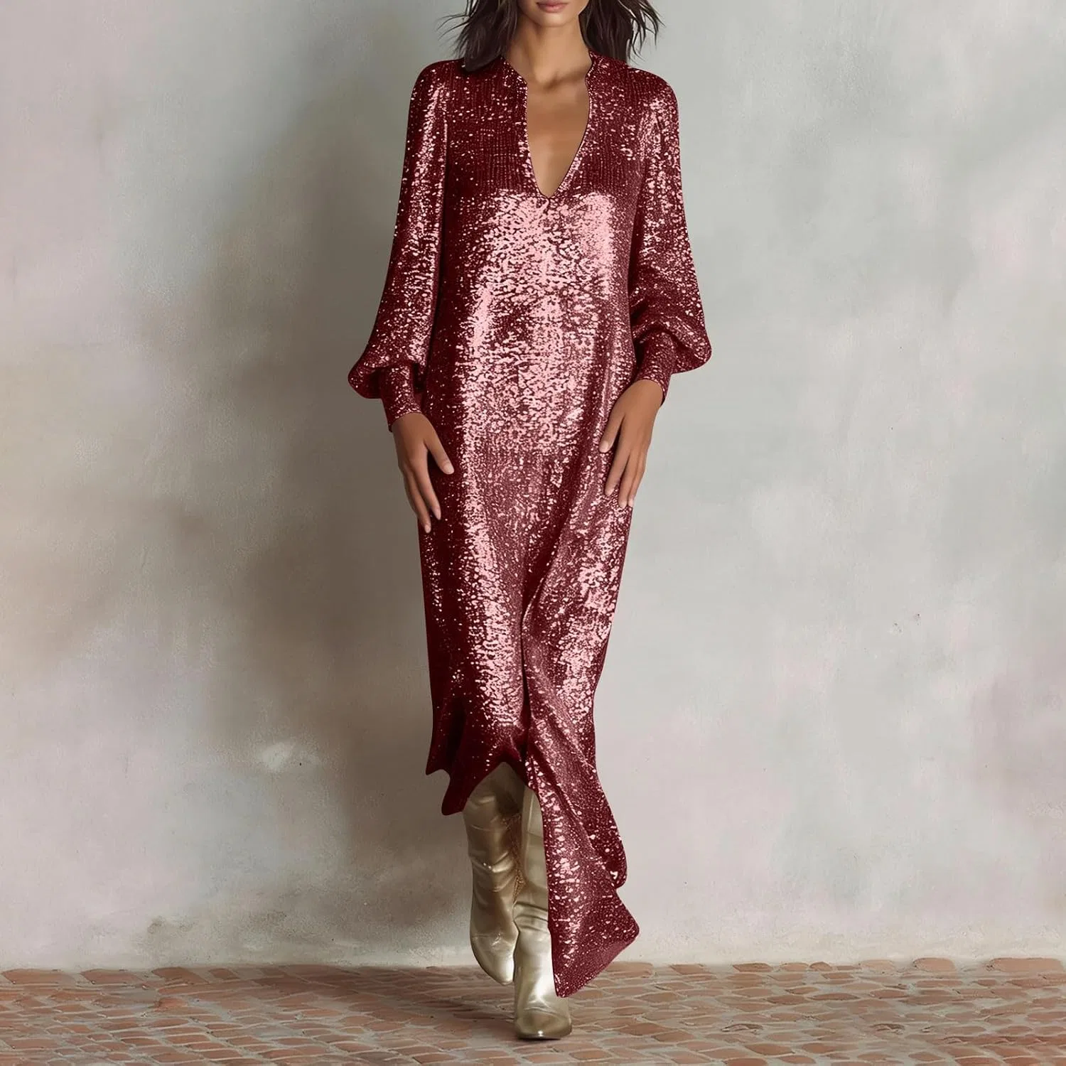 Платье макси с пайетками Women's Sequins V Neck Maxi Dress, Wine — фото 3