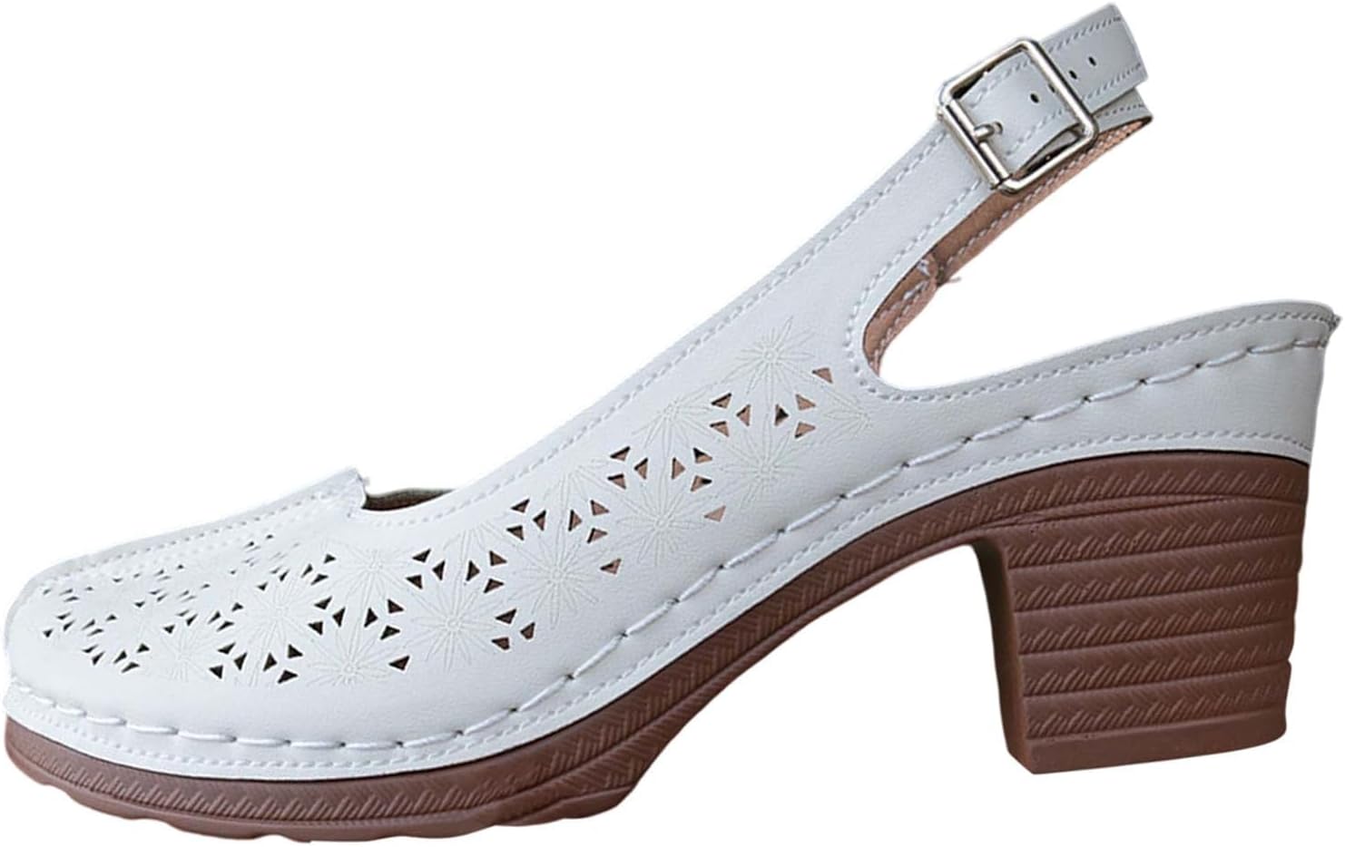 

Женские сандалии с вырезами, с массивным каблуком, широкие, с цветочным рисунком, удобные повседневные туфли, с регулируемым ремешком на щиколотке, на танкетке, противоскользящие, пляжные и уличные, летняя модная обувь Generic, белый