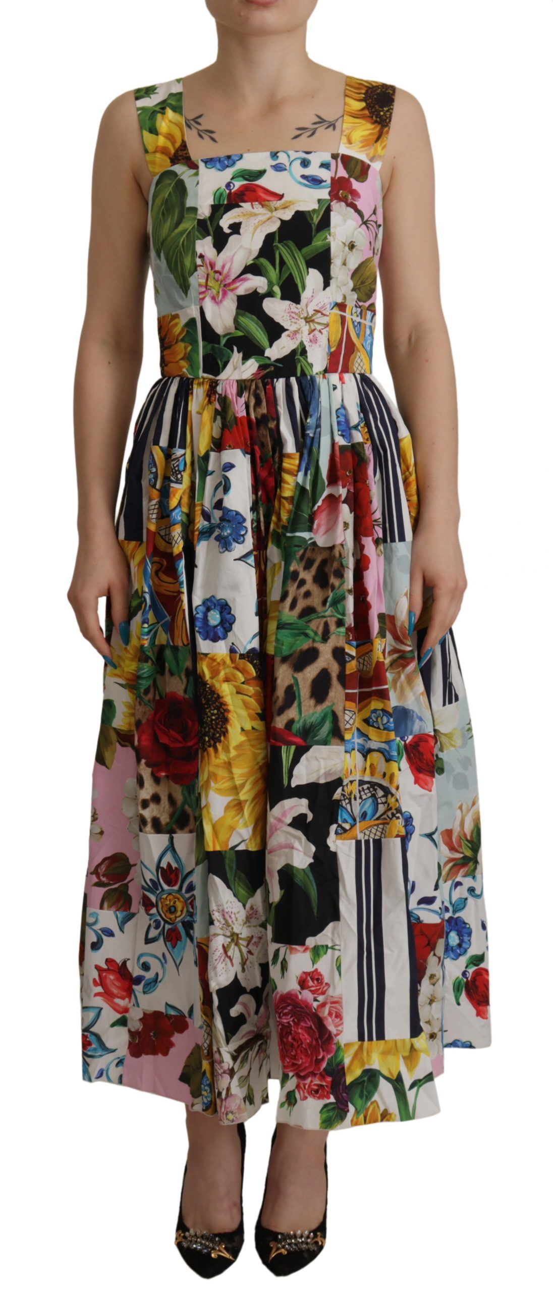 

Элегантное платье-трапеция из хлопка с цветочным принтом Dolce & Gabbana, мультиколор