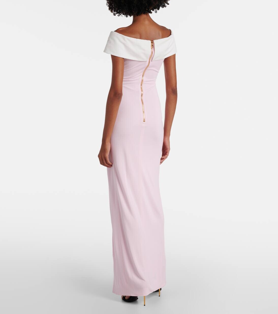 Платье из джерси с драпировкой и открытыми плечами Balmain, цвет rose pale/blanc — фото 3
