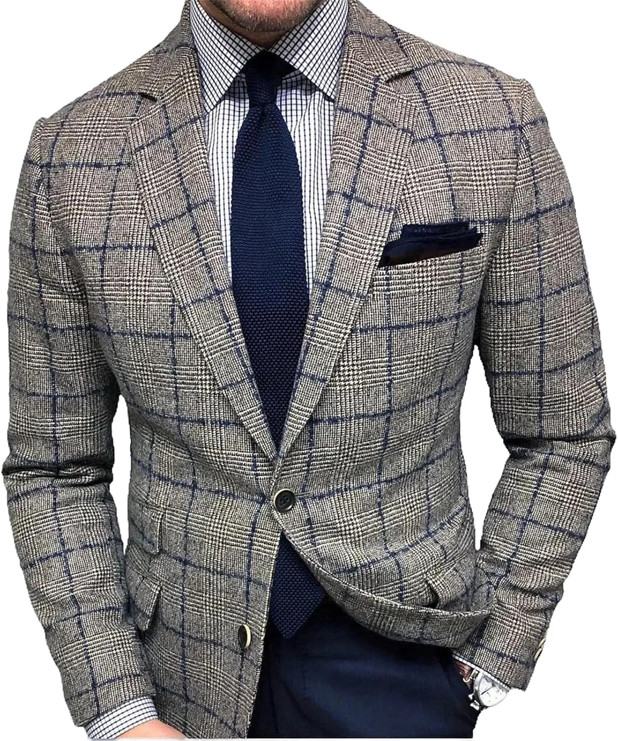 Мужской блейзер Slim Fit из шерстяной смеси в клетку, легкий повседневный пиджак с лацканами, однобортный, с длинным рукавом и карманом Generic, серый