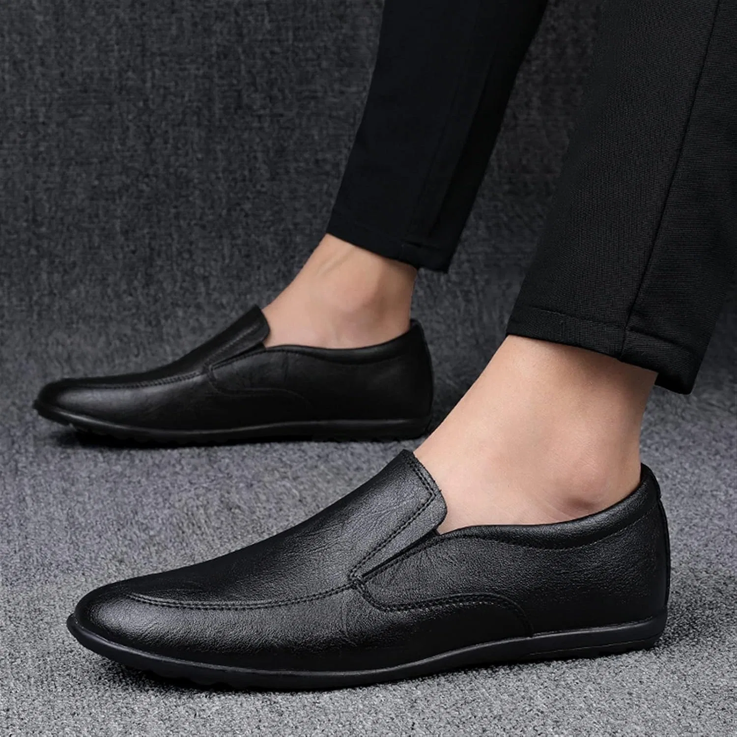 Лоферы кожаные Men's Loafers Simple Lightweight Venetian Loafers Leather Flat Heel Lightweight Anti-Slip Walking Slip On, черный PUGHGAETZF — фото 4