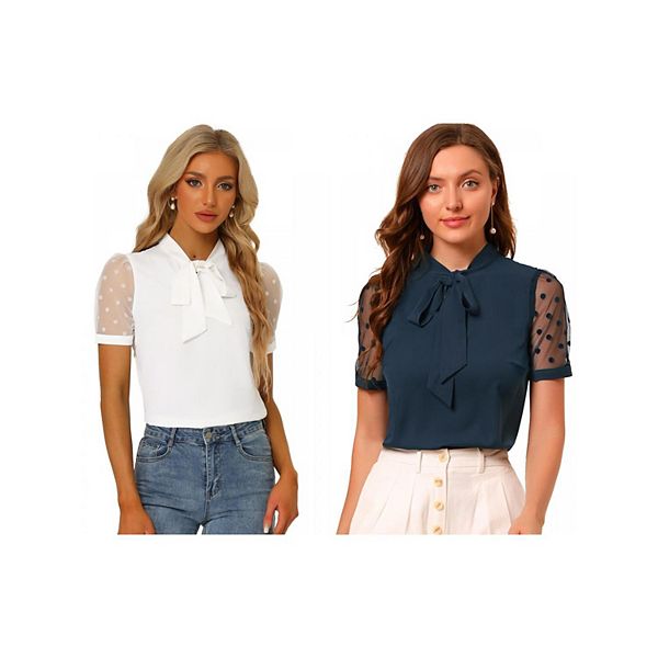 

2 упаковки блузки с воротником-бабочкой и коротким сетчатым рукавом Inspire Chic, Navy Blue White