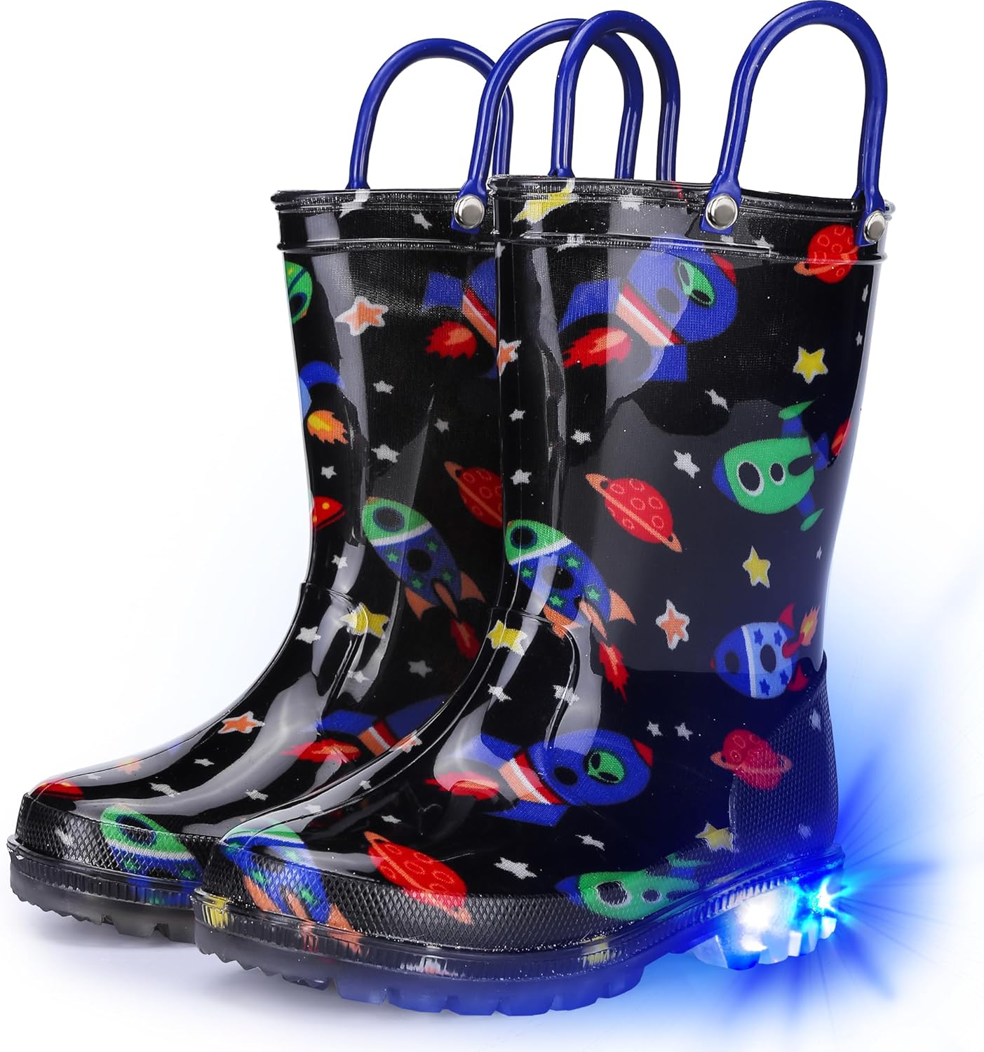 

Детские резиновые сапоги Funspread для мальчиков - узорчатые светящиеся сапоги с удобными ручками, легкие водонепроницаемые сапоги (для малышей/младших/старших детей), черный